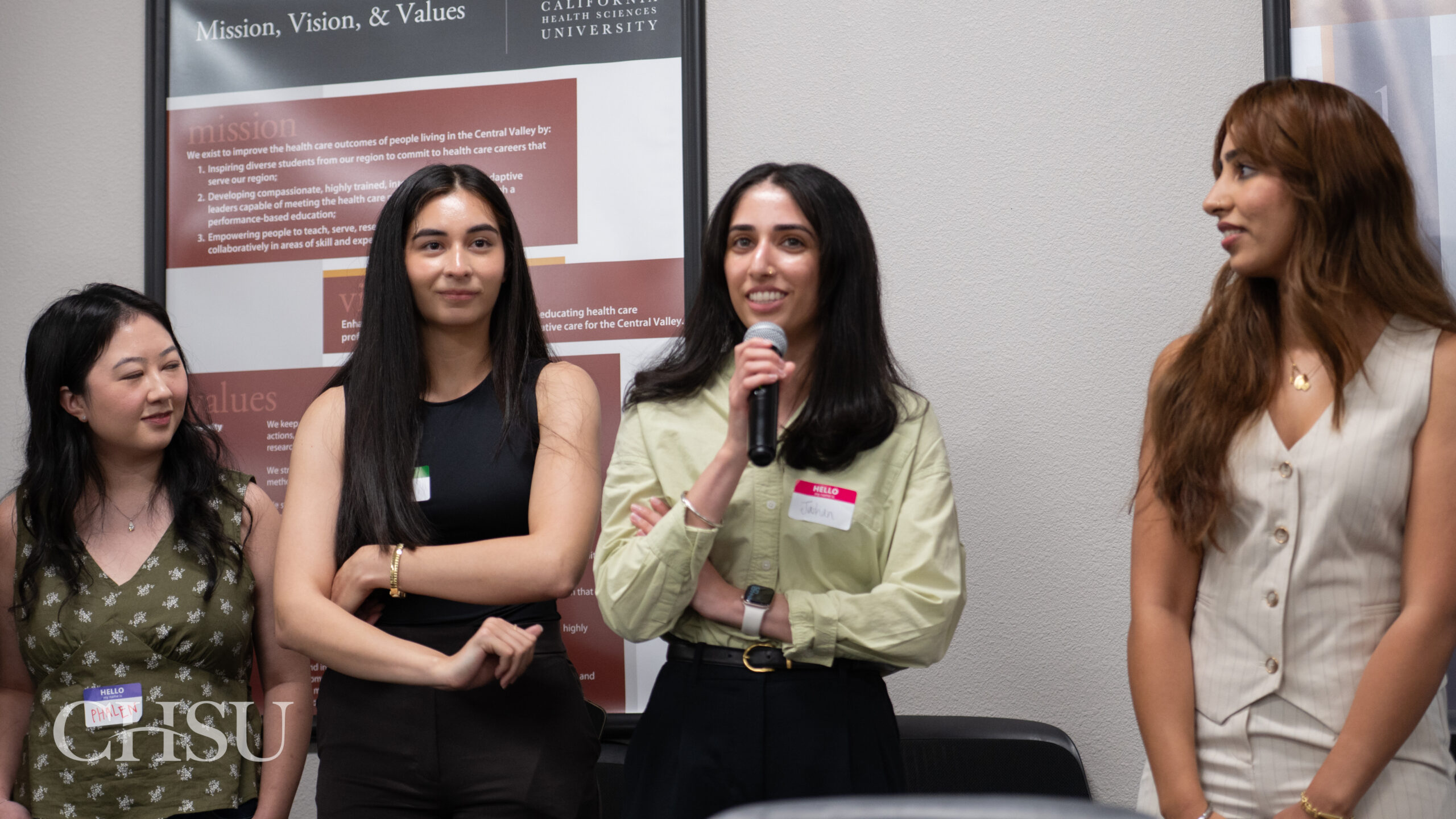 Four incoming CHSU MSBS Class of 2027 students participate in an icebreaker introduction during orientation.