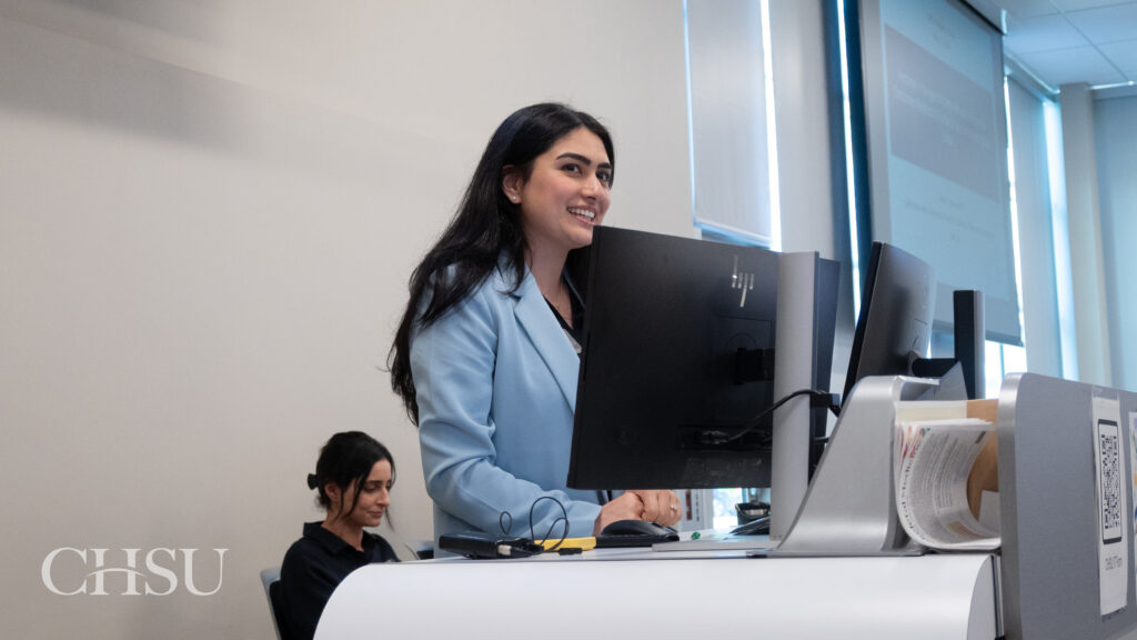 student presenting at CHSU Research Day