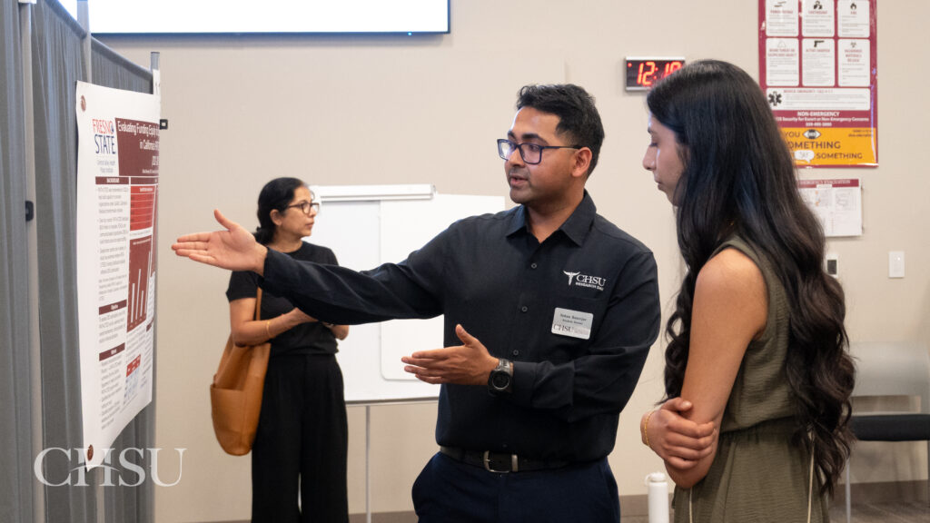 student presenting poster at CHSU Research Day
