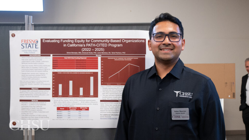 student presenting poster at CHSU Research Day