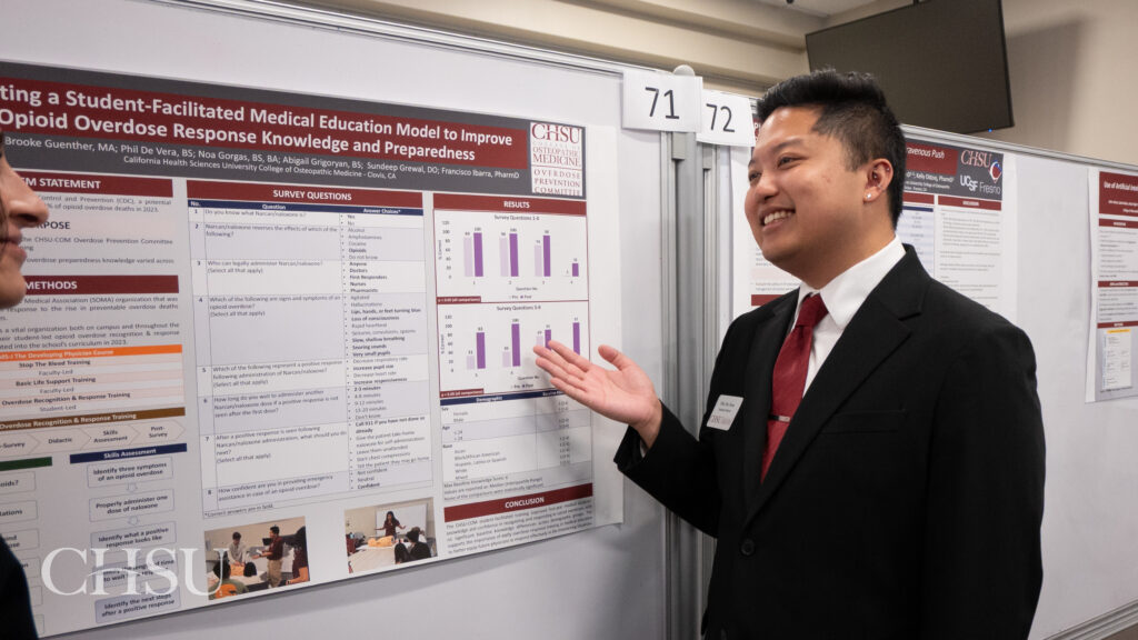 student presenting poster at CHSU Research Day